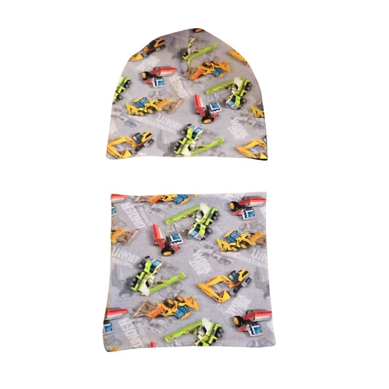 Jarní set čepice a nákrčník, stavební stroje, vel. 53/56