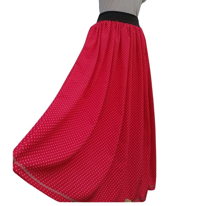 Dámská dlouhá sukně silky červená s puntíky, vel. UNI