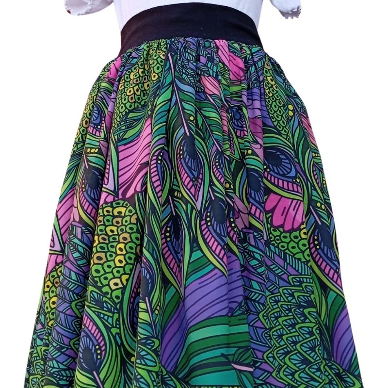 Nikolex Dámská nařasená krátká sukně, vzor páv, vel. S/XL