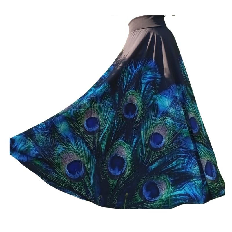 Dámská maxi sukně se vzorem pavích per z materiálu Venezia, vel. L/XL