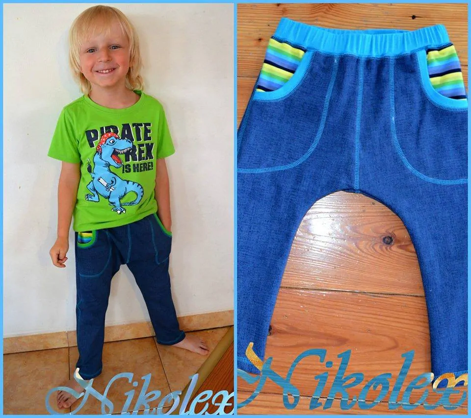 NIKOLEX Baggy kaťata modré jeans, vel. 122