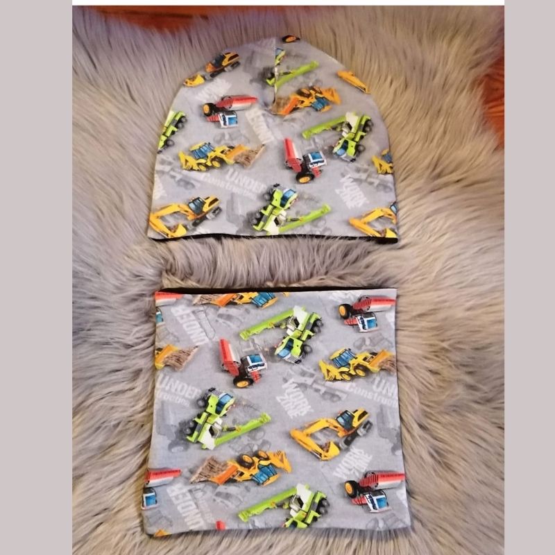 Jarní set čepice a nákrčník, stavební stroje, vel. 53/56