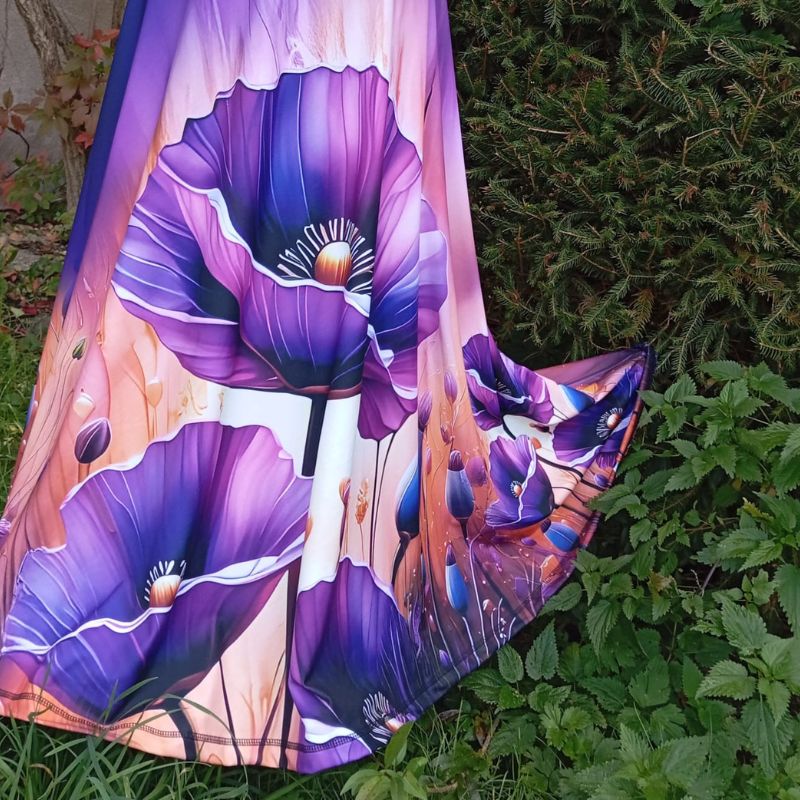 Dlouhá dámská sukně Fialové květy, ferra úplet, vel. L/XL