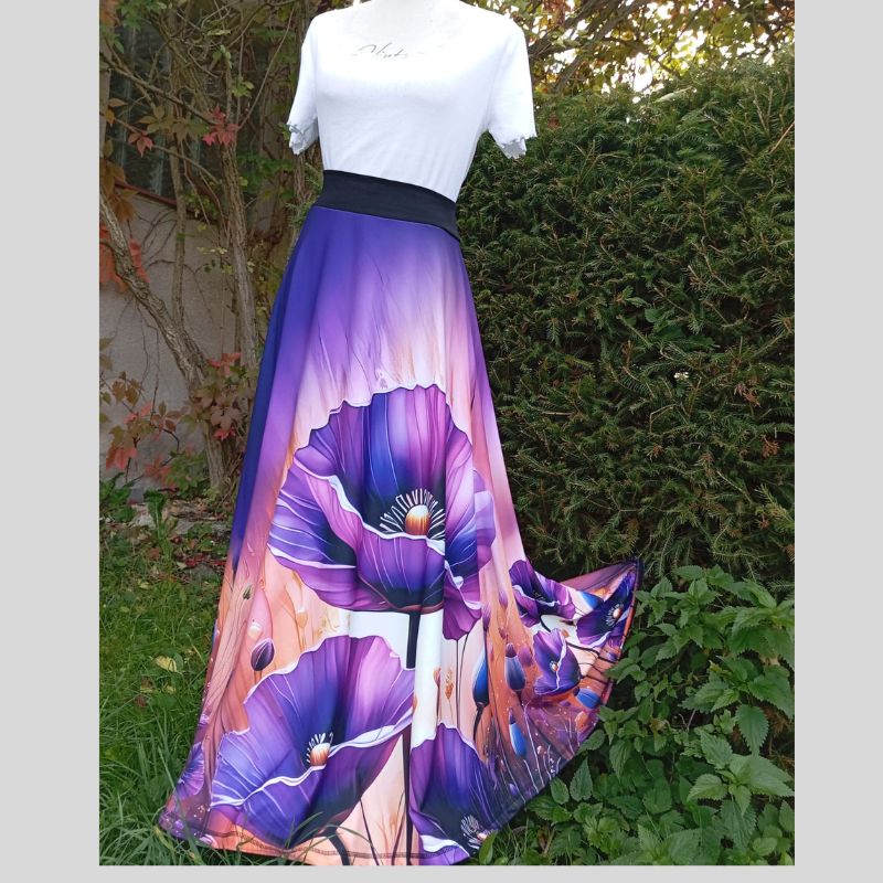 Dlouhá dámská sukně Fialové květy, ferra úplet, vel. L/XL