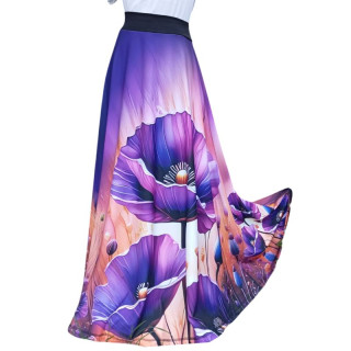Dlouhá dámská sukně Fialové květy, ferra úplet, vel. L/XL